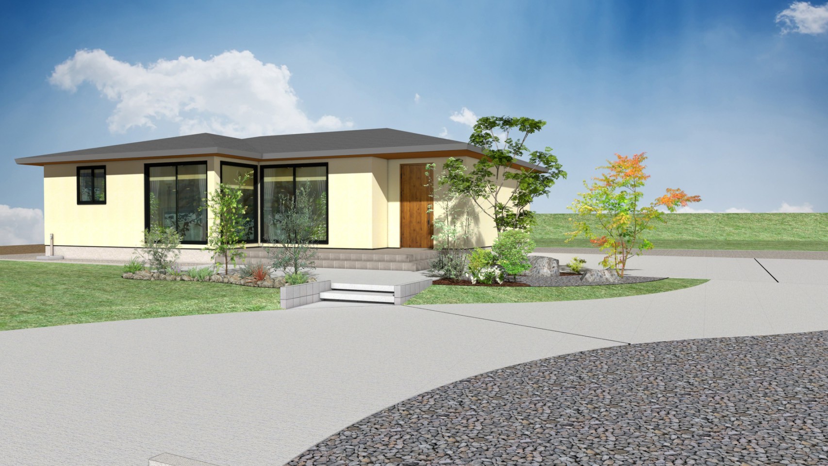 シンプルモダンな住宅と庭の3Dプラン