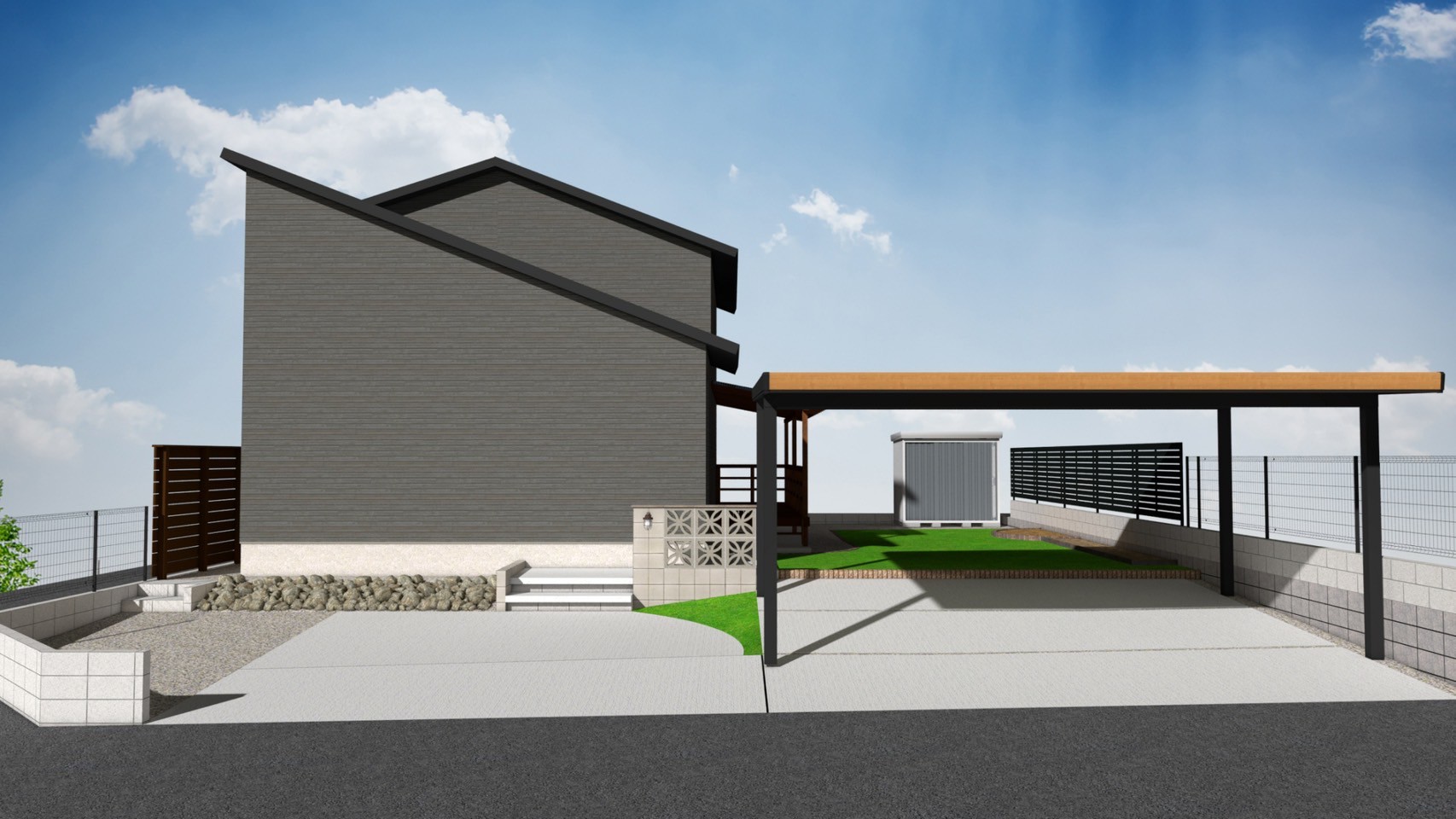 住宅外観と庭のレイアウト3Dプラン