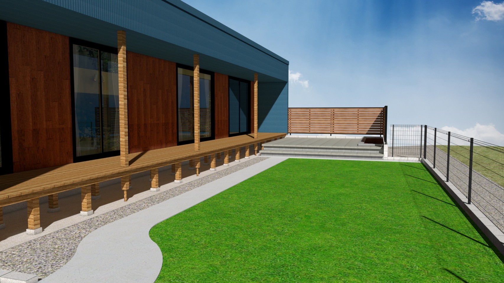 木製デッキと芝生エリアの3Dプラン